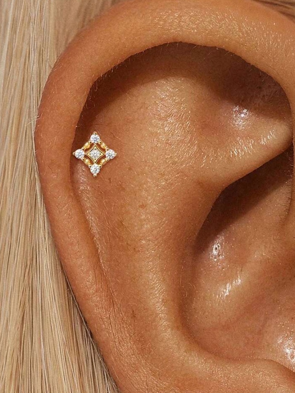 Plated Gold Diamond moissanite 925 sterling, Cluster Cartilage Stud Earring -